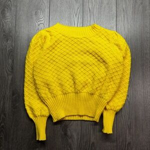 Vintage Hand Knit 1980s Sweater Yellow 3d Cable Geometric Small